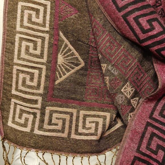 Pashmina EXOTIC Shoulder Wrap Shaw 68" x 25" Maroon & Gold LARGE Fringe Aztec - Picture 11 of 13